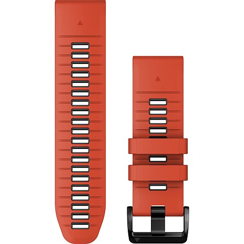 Garmin Armband aus Silikon in Orange mit schwarzen Details und Dornschließe.