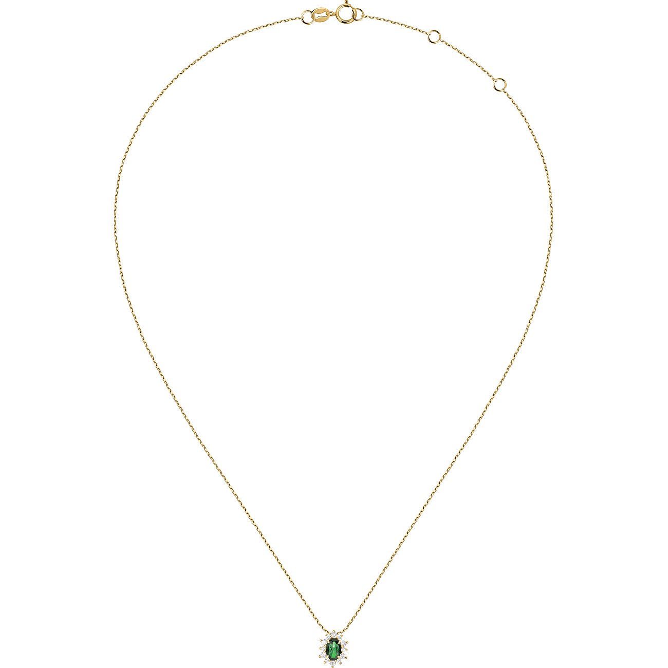 Live Diamond Halsschmuck aus 375 Gelbgold mit Smaragd und weißen Steinen.