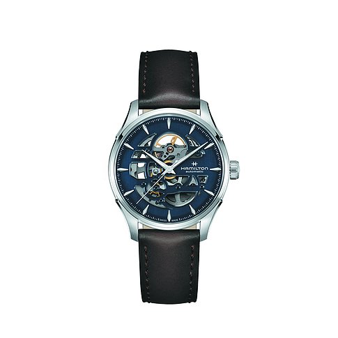 Hamilton Herrenuhr mit Edelstahlgehäuse und blauem Skelett-Zifferblatt.