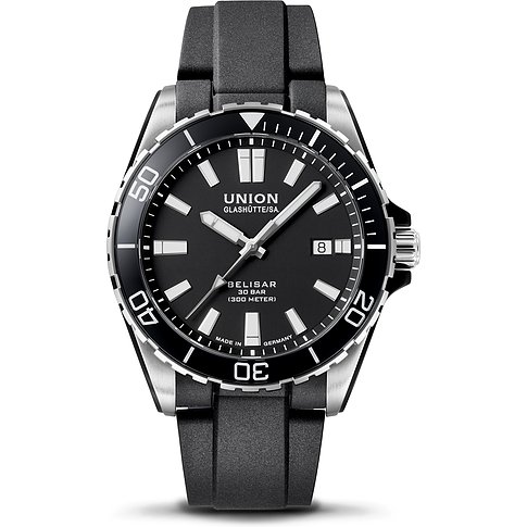 Union Glashütte Herrenuhr mit Edelstahlgehäuse, schwarzem Zifferblatt und Datum.