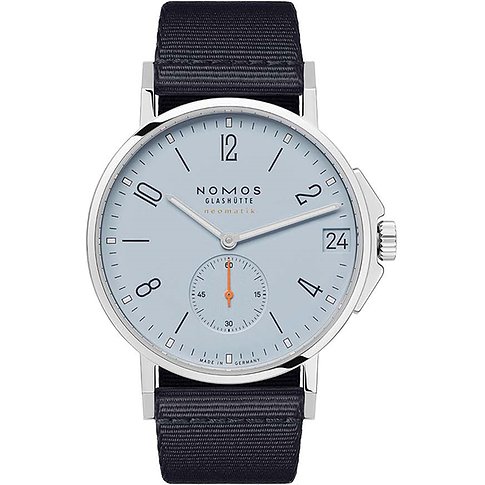 Nomos Glashütte Unisexuhr mit Edelstahlgehäuse, hellblauem Zifferblatt und Datumsanzeige.