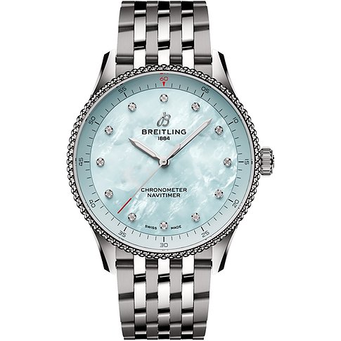 Breitling Damenuhr aus Edelstahl mit Diamanten und blauem Zifferblatt.
