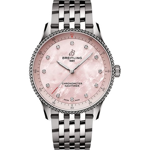 Breitling Damenuhr aus Edelstahl mit rosafarbenem Zifferblatt und Diamanten, aus der Navitimer Serie.