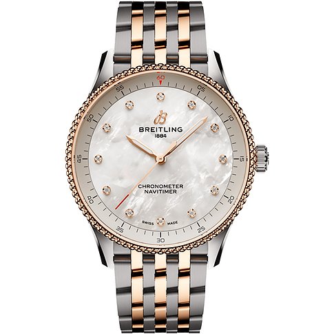 Breitling Damenuhr aus Edelstahl und Rotgold mit Diamanten und Perlmuttzifferblatt.