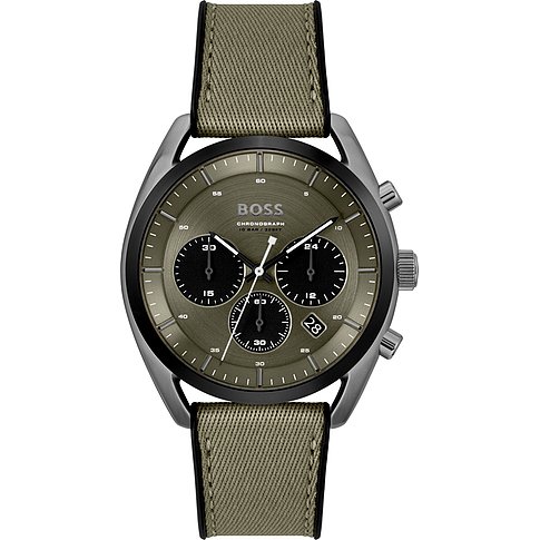Eine BOSS Herrenuhr aus dunkelgrauem Edelstahl und khakifarbenem Textilarmband, mit Chronograph und Datumsanzeige.
