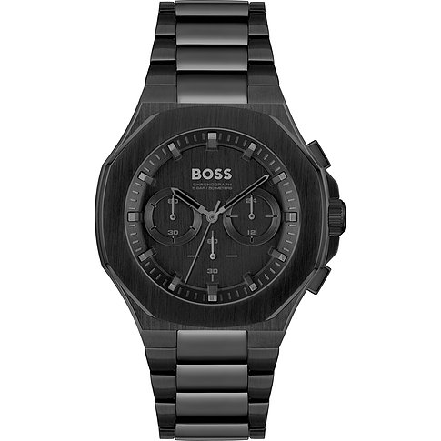 Eine schwarze Boss Herrenuhr aus Edelstahl mit Chronographenfunktion, das Zifferblatt ist ebenfalls schwarz.