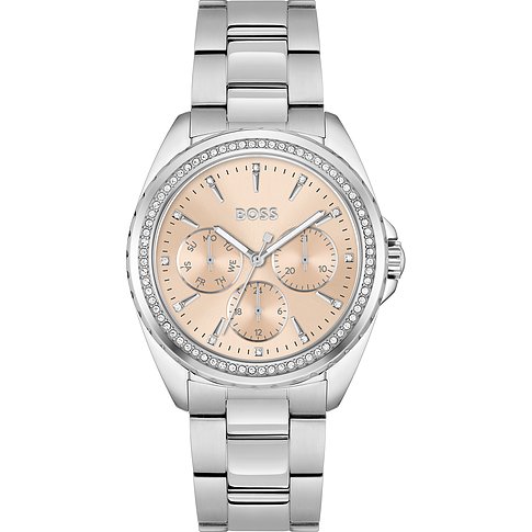 Boss Damenuhr mit Edelstahlgehäuse, roséfarbenem Zifferblatt und Kristallbesatz.