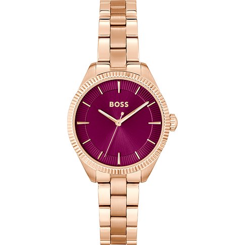 Eine Boss Damenuhr aus roségoldenem Edelstahl mit einem runden, bordeauxroten Zifferblatt und passendem Gliederarmband.