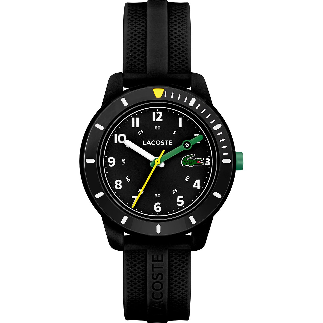 Lacoste Kinderuhr mit Kunststoffgehäuse, analoge Anzeige und Krokodil-Logo.