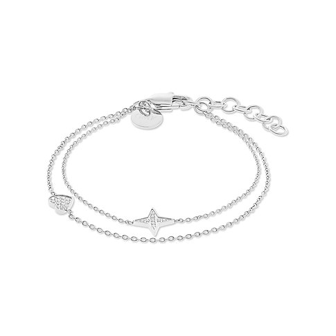 Guido Maria Kretschmer Armband aus Edelstahl mit zwei Ketten, verziert mit Herz- und Sternmotiven aus Farbsteinen.