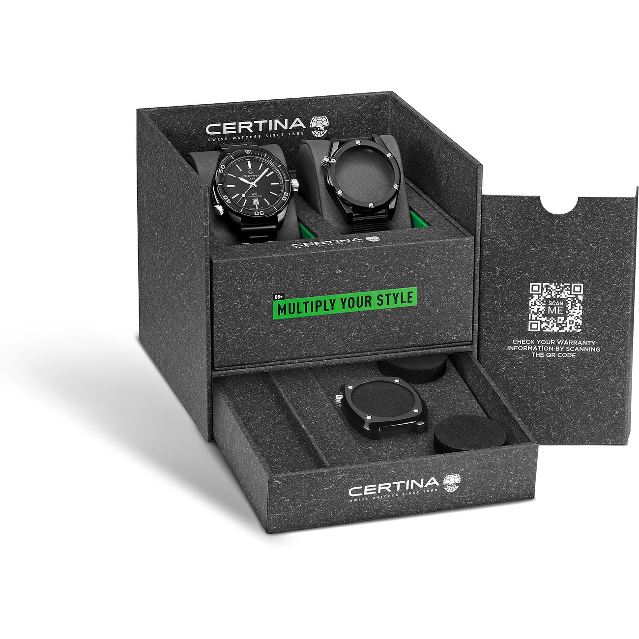 Zwei schwarze Certina Herrenuhren aus Edelstahl in einer anthrazitfarbenen Box mit grüner Schrift „MULTIPLY YOUR STYLE“.