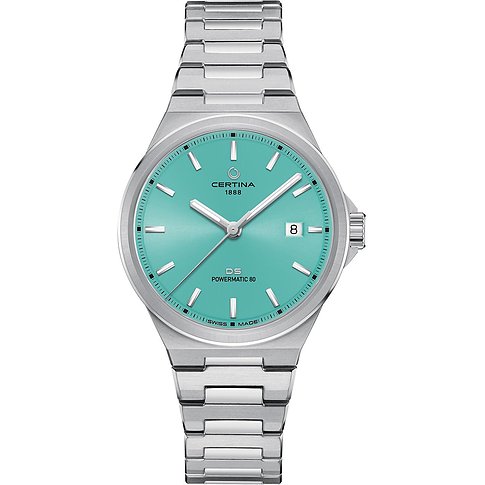 Certina Herrenuhr mit Edelstahlgehäuse, türkisfarbenem Zifferblatt und Datum.