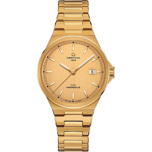 Certina Herrenuhr mit Edelstahlgehäuse, goldfarben, analog, mit Datumsanzeige.