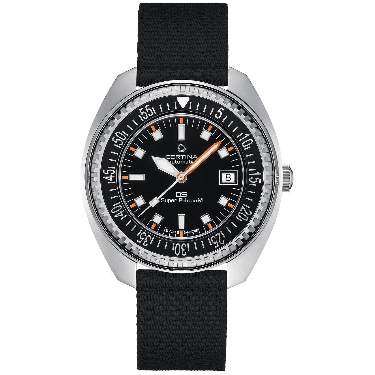 Certina Herrenuhr mit Edelstahlgehäuse, schwarzem Zifferblatt und Datumsanzeige.