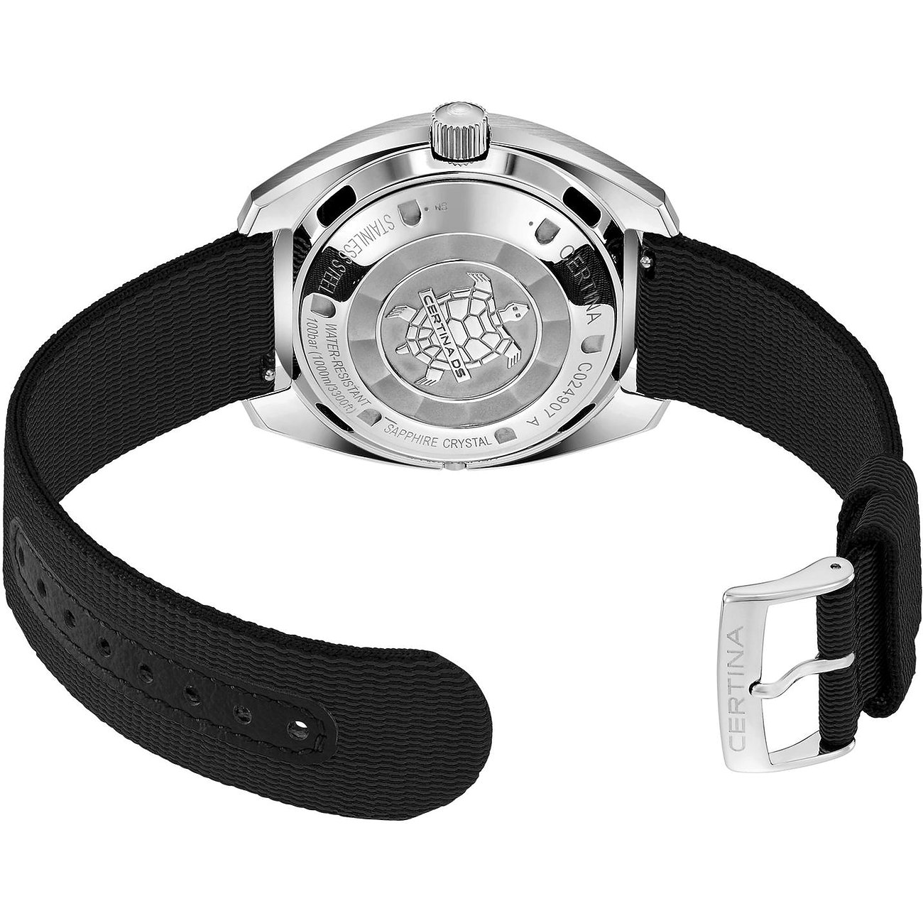 Certina Herrenuhr mit Edelstahlgehäuse und schwarzem Armband.