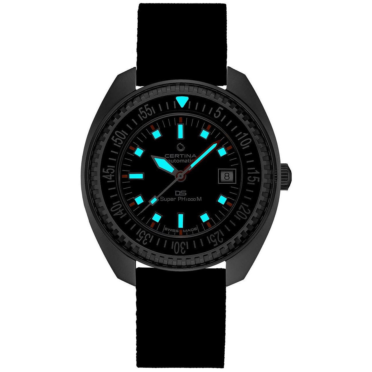 Certina Herrenuhr mit Edelstahlgehäuse, schwarzem Zifferblatt und Leuchtzeigern.