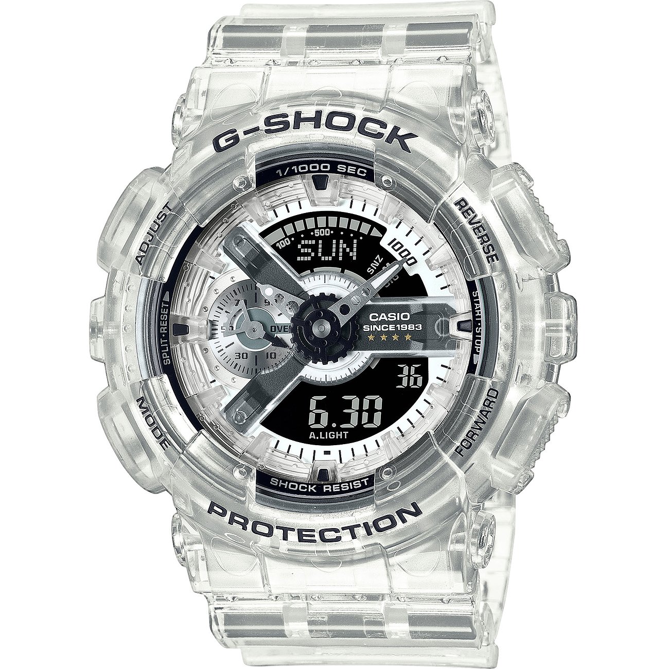 Eine Casio G-Shock Herrenuhr aus Resin in transparenter, klarer Ausführung mit schwarzem Zifferblatt.
