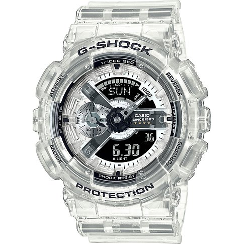 Eine Casio G-Shock Herrenuhr aus Resin in transparenter, klarer Ausführung mit schwarzem Zifferblatt.