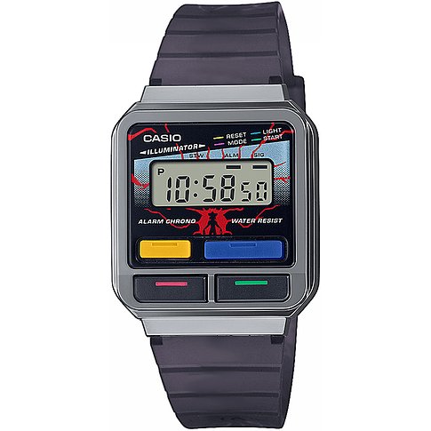 Casio Unisexuhr aus Resin mit digitaler Anzeige, viereckigem Gehäuse und dunklem Armband, Vorderansicht.
