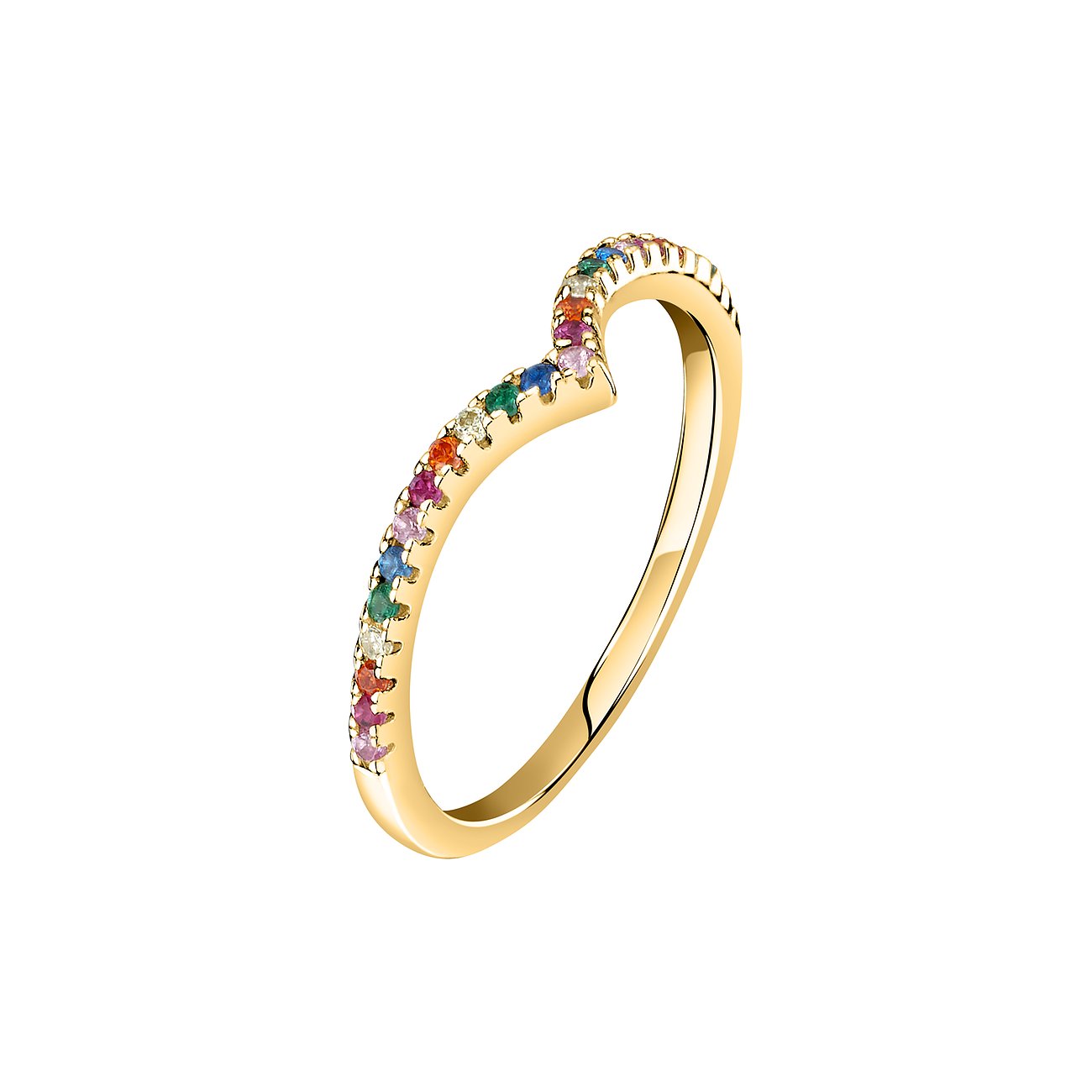 CHRIST Ring aus goldfarbenem 925er Silber mit einer V-förmigen Reihe bunter Zirkonia Farbsteine.