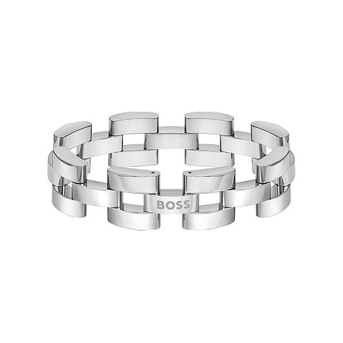 Boss Armschmuck aus Edelstahl, ein gewebtes Design, das in der Mitte das Boss-Logo trägt.