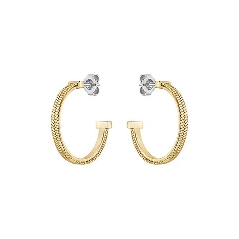 Boss Ohrschmuck aus gelbvergoldetem Edelstahl, zwei Creolen mit feinem Kettenmuster auf der Außenseite.