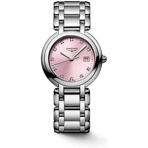 Longines Damenuhr mit Edelstahlgehäuse, pinkem Zifferblatt und Diamanten.