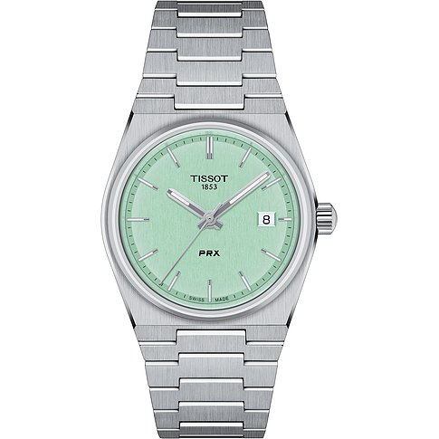 Tissot PRX Unisexuhr mit Edelstahlgehäuse, mintgrünem Zifferblatt und Datum.