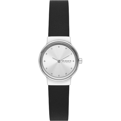 Skagen Damenuhr mit Edelstahlgehäuse und Zirkonia-Besatz am Zifferblatt.