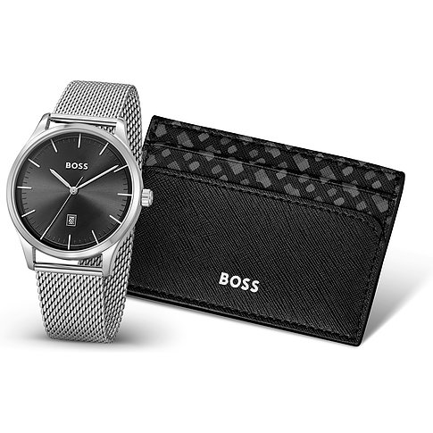 Ein Set aus Boss-Armbanduhr und Kartenetui. Die Boss-Uhr aus Edelstahl hat ein dunkles Zifferblatt mit Datumsanzeige.