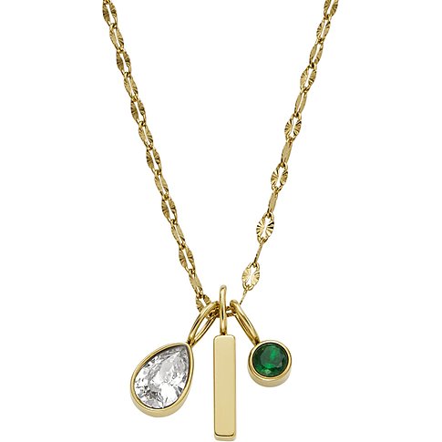 Fossil Halsschmuck, goldfarbener Edelstahl, drei Anhänger: tropfenförmiger klarer Glasstein, Stab, runder grüner Glasstein.