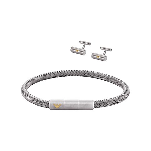 Emporio Armani Herrenarmband aus geflochtenem Edelstahl mit passenden Manschettenknöpfen, jeweils mit goldenem Logo.