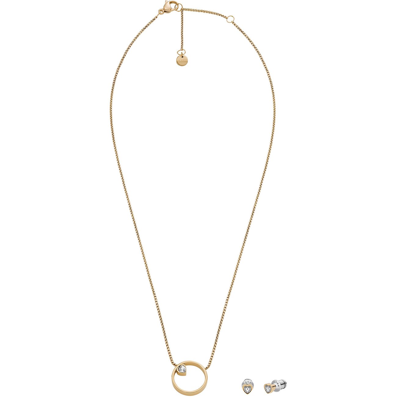 Skagen Schmuckset aus Edelstahl mit Glasstein-Anhänger und Herzstecker.