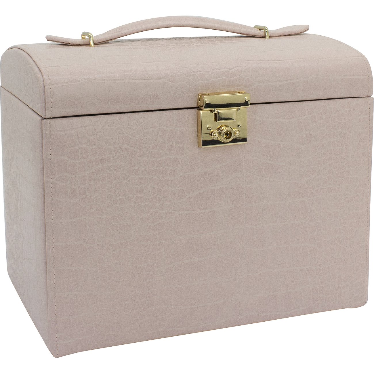 Friedrich23 Schmuckkasten aus Feinsynthetik, hellrosa, mit Kroko-Prägung und goldfarbenem Verschluss.