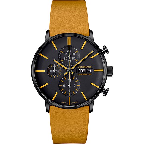 Junghans Herrenuhr mit Edelstahlgehäuse, schwarzem Zifferblatt und gelbem Armband.