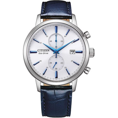 Citizen Herrenuhr mit Edelstahlgehäuse, weißem Zifferblatt und blauen Zeigern.