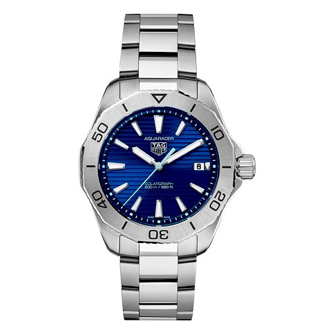 TAG Heuer Herrenuhr mit Edelstahlgehäuse, blauem Zifferblatt und silberfarbenem Armband.