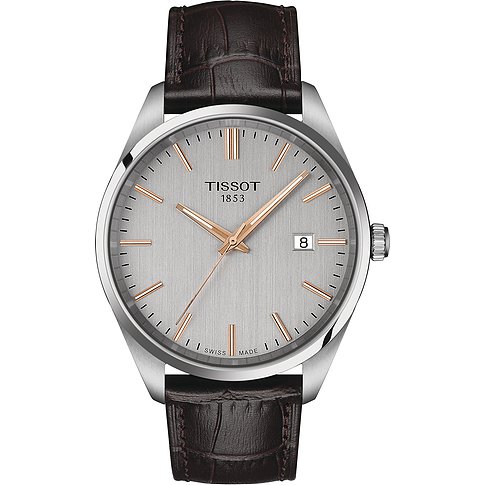 Tissot Herrenuhr aus Edelstahl mit silbernem Zifferblatt und Datum.