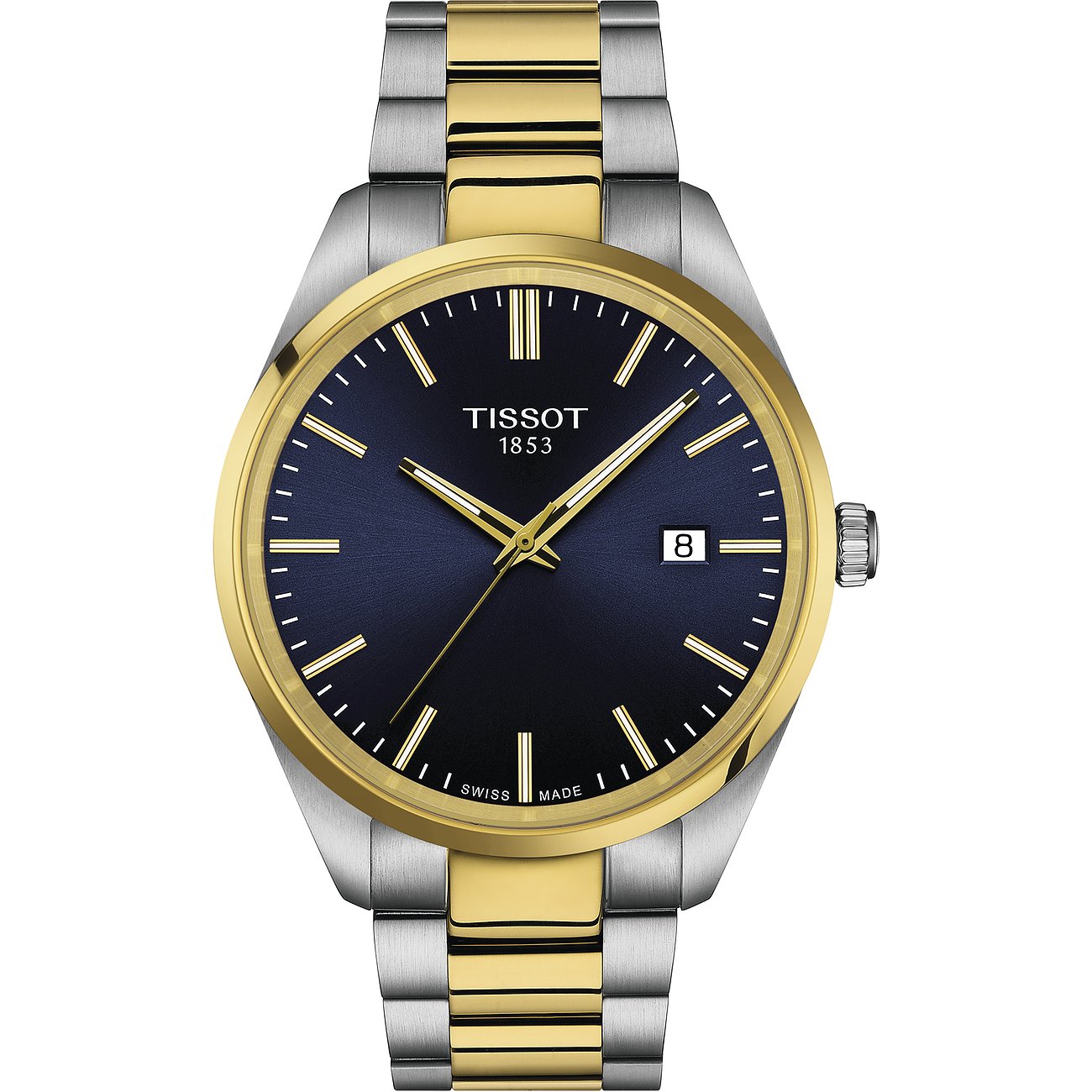 Tissot Herrenuhr mit Edelstahlgehäuse, bicolor, analog mit Datum.