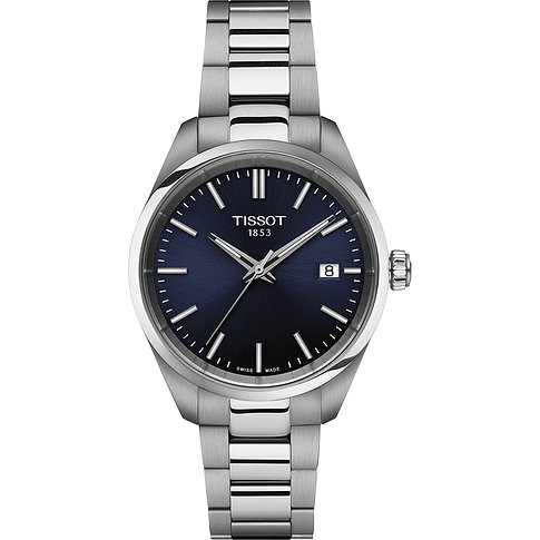Tissot Damenuhr mit Edelstahlgehäuse, analogem Zifferblatt und Datumsanzeige.