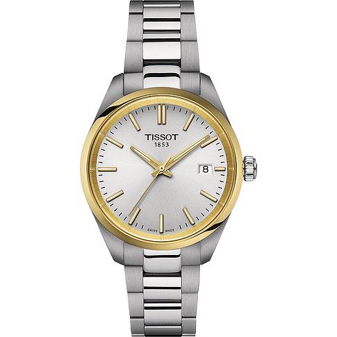 Tissot Damenuhr aus Edelstahl, silberfarben mit goldfarbener Lünette, analog.