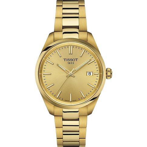 Tissot Damenuhr mit Edelstahlgehäuse, goldfarbenes Zifferblatt, analog.