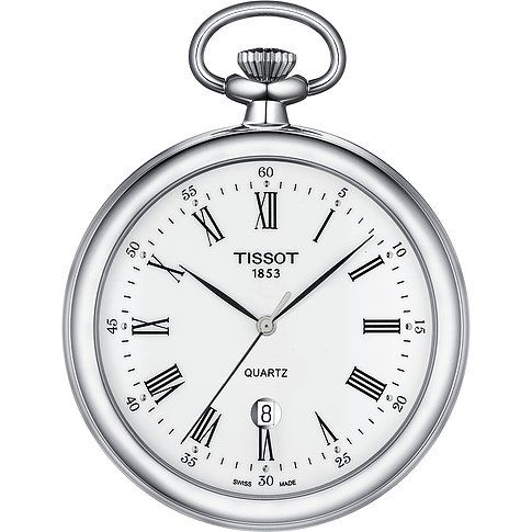 Tissot Taschenuhr aus Edelstahl mit römischen Ziffern und Datumsanzeige.