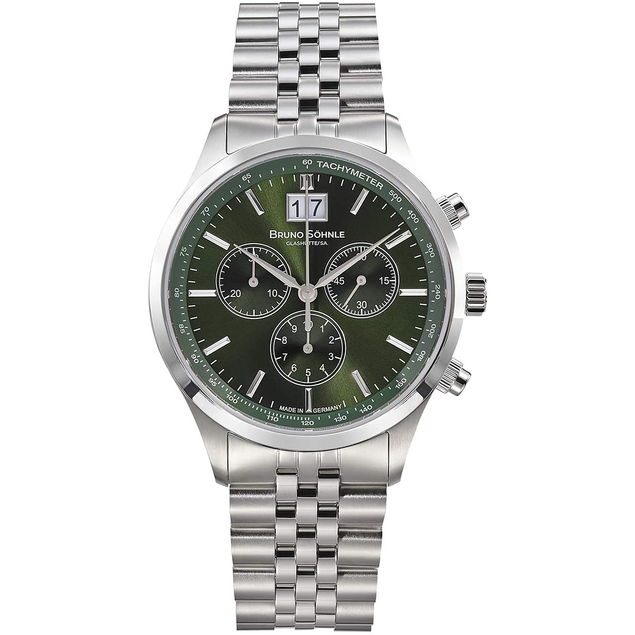 Bruno Söhnle Herrenuhr mit Edelstahlgehäuse, grünem Zifferblatt und Chronograph.