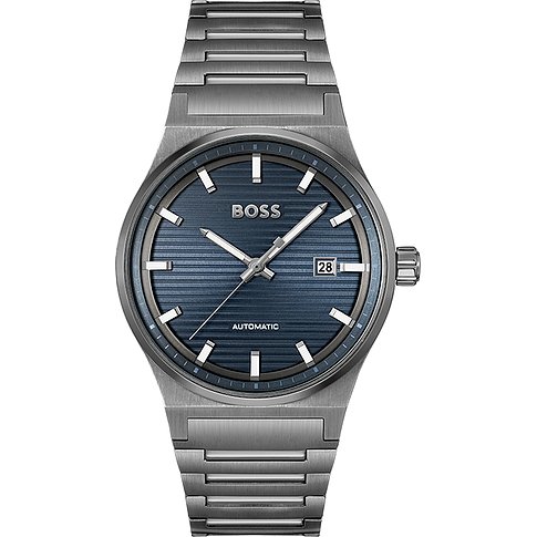 Boss Herrenuhr aus Edelstahl mit blauem Zifferblatt und silberfarbenen Zeigern und Indizes.