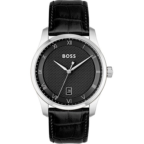 Boss Herrenuhr mit Edelstahlgehäuse, schwarzem Zifferblatt und Datumsanzeige.