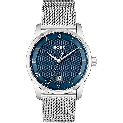 Boss Herrenuhr mit Edelstahlgehäuse, analog, blaues Zifferblatt, Mesh-Armband.