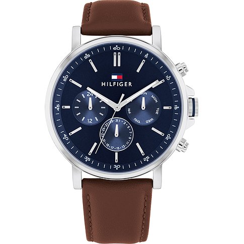 Tommy Hilfiger Herrenuhr mit Edelstahlgehäuse, blauem Zifferblatt und braunem Lederarmband.