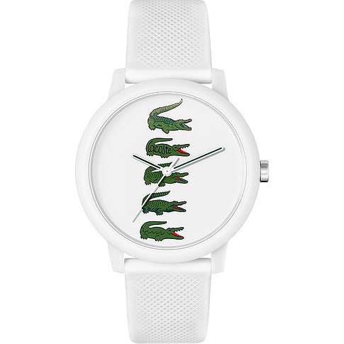 Weiße Lacoste Herrenuhr aus Kunststoff mit Krokodilmotiven auf dem Zifferblatt, von vorne aufgenommen.