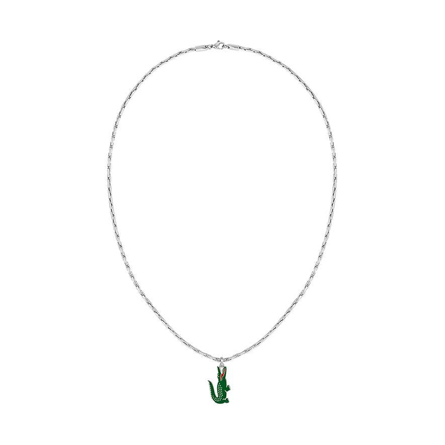 Lacoste rvs collier met een groene krokodillen hanger aan een dunne schakelketting.